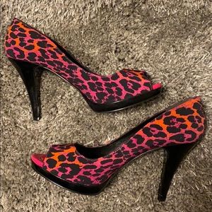 Nine West Hot Pink/Orange Cheetah Peep Toe Heels